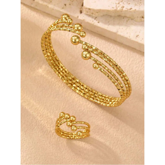 1/2pcs Minimalist Stainless Steel Geometric Line Gold Bracelet & Ring Jewelry Set, Versatile For Daily Wear And Party - Artigo Importado