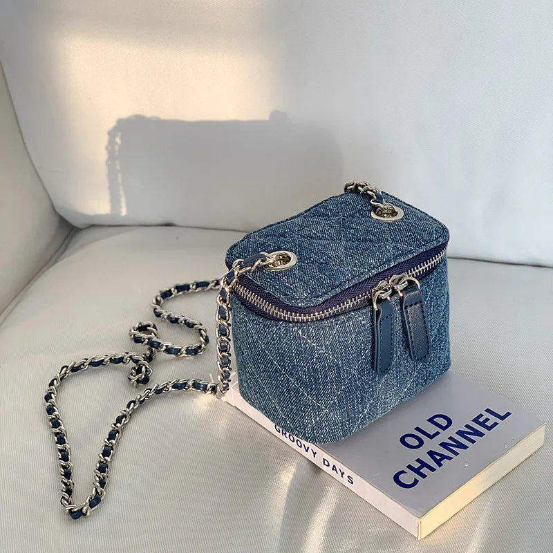 Mini Denim Crossbody Bags for Women 2026 Lingge Chains Shoulder Bag Fashion Brands Box Bag Lipstick Coins Purses and Handbags - Artigo Importado
