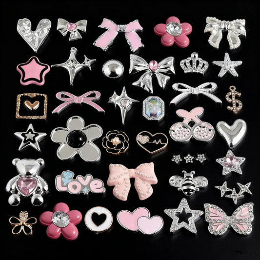 10/20/30/50pcs Random Mix Silver Color Heart Bow Star Charms For Junk Cases Flower Pink Girl Pendant DIY Hairpin Phone Case Bulk - Artigo Importado