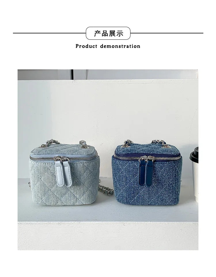 Mini Denim Crossbody Bags for Women 2026 Lingge Chains Shoulder Bag Fashion Brands Box Bag Lipstick Coins Purses and Handbags - Artigo Importado