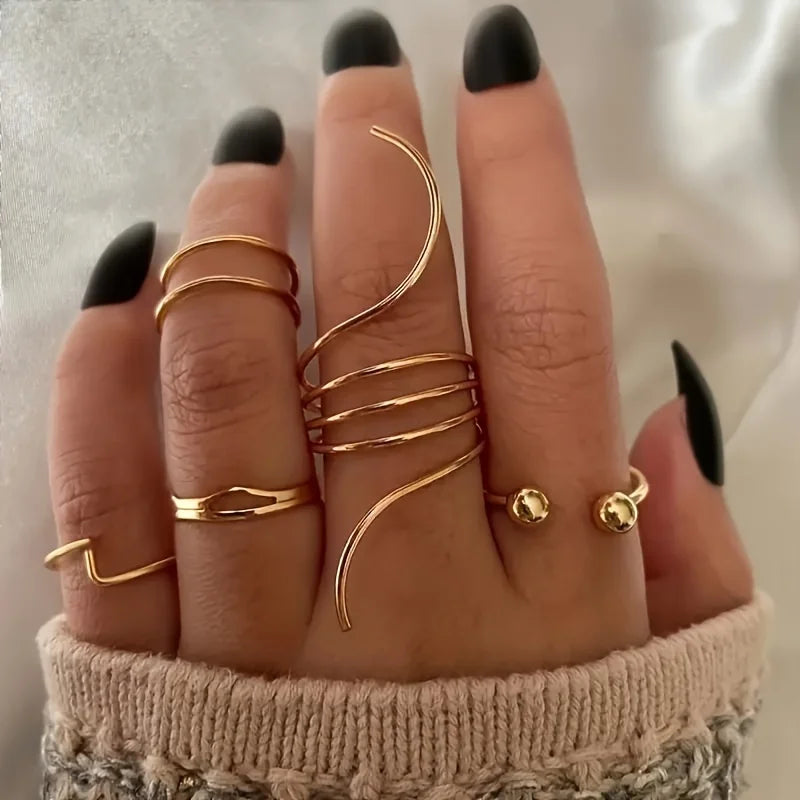 5 Pieces of Minimalist, Fashionable, Irregular Gold Women's Ring Set, Finger Ring, Fashionable Girl Jewelry Gift - Artigo Importado