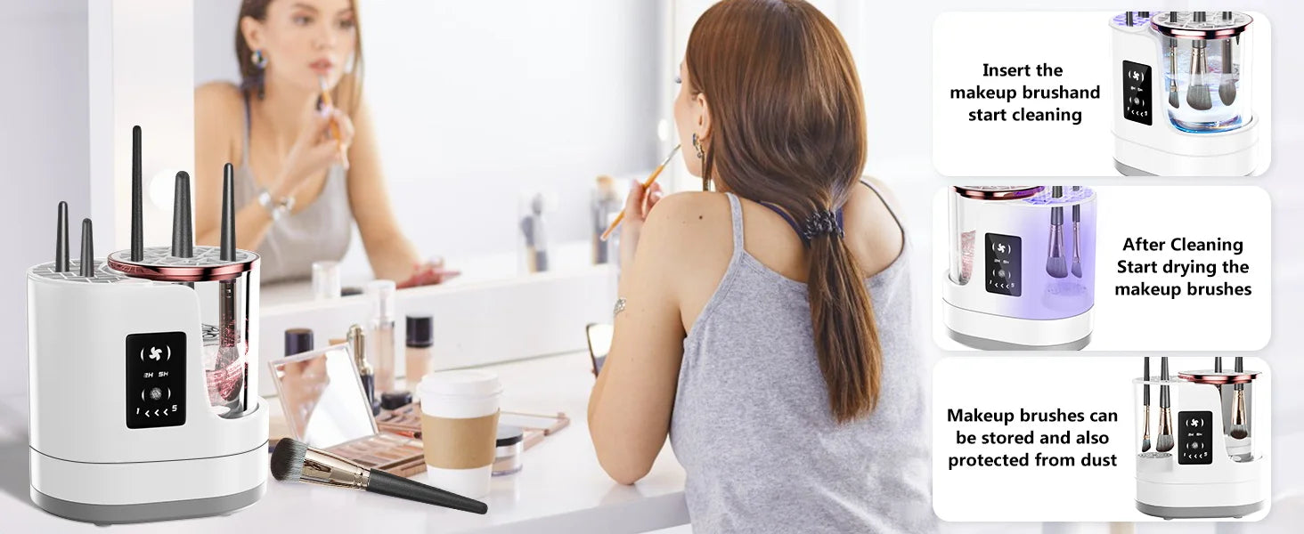 3 IN 1 Electric Makeup Brush Cleaner Machine with Makeup Brush Dryer for All Size Beauty Makeup Brush Cosmetic Tools Fast Drying - Artigo Importado