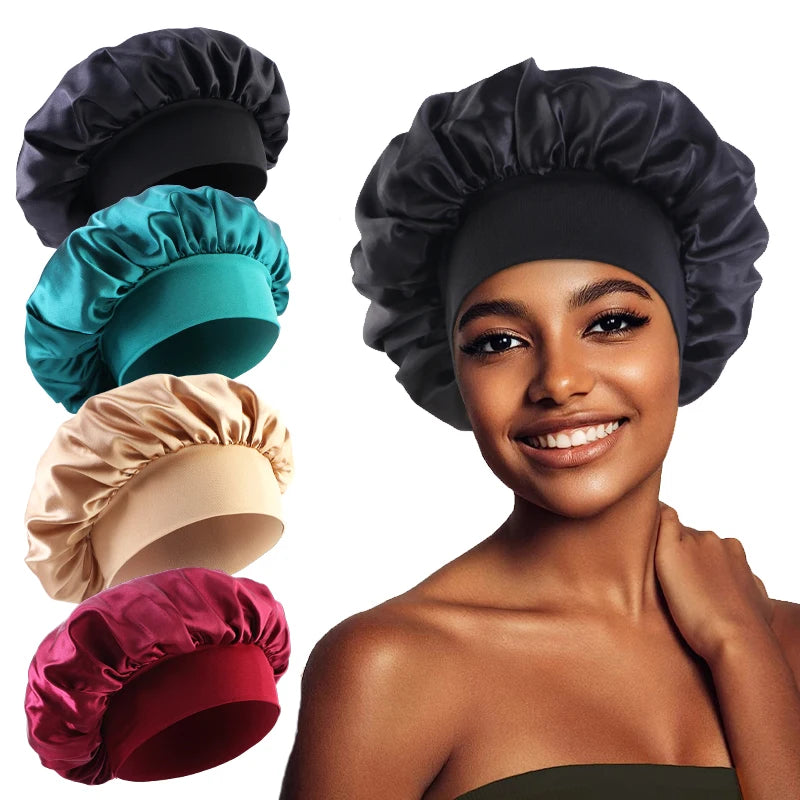 New Satin Wide Brim Nightcap Silky Bonnet Hair Wrap for Sleeping Sleep Cap With Elastic Soft Band Styling Cap Hair Wrapping Tool - Artigo Importado