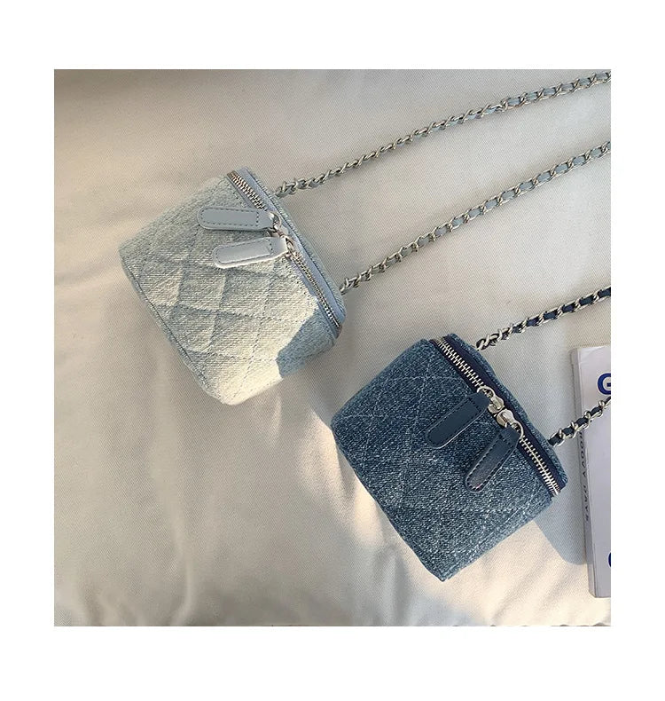 Mini Denim Crossbody Bags for Women 2026 Lingge Chains Shoulder Bag Fashion Brands Box Bag Lipstick Coins Purses and Handbags - Artigo Importado
