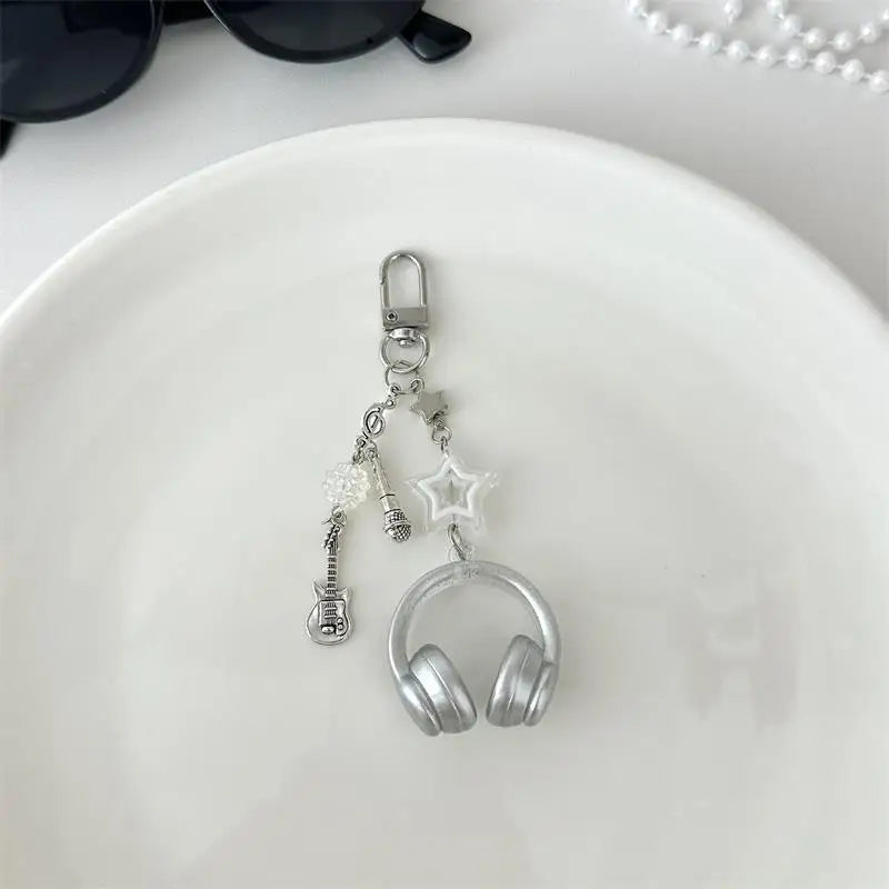 Glitter Earphone-shaped Keychain Cute Star Guitar Microphone Pendant Phone Chain Lanyard Girly Backpack Charms Bag Hanging Gifts - Artigo Importado