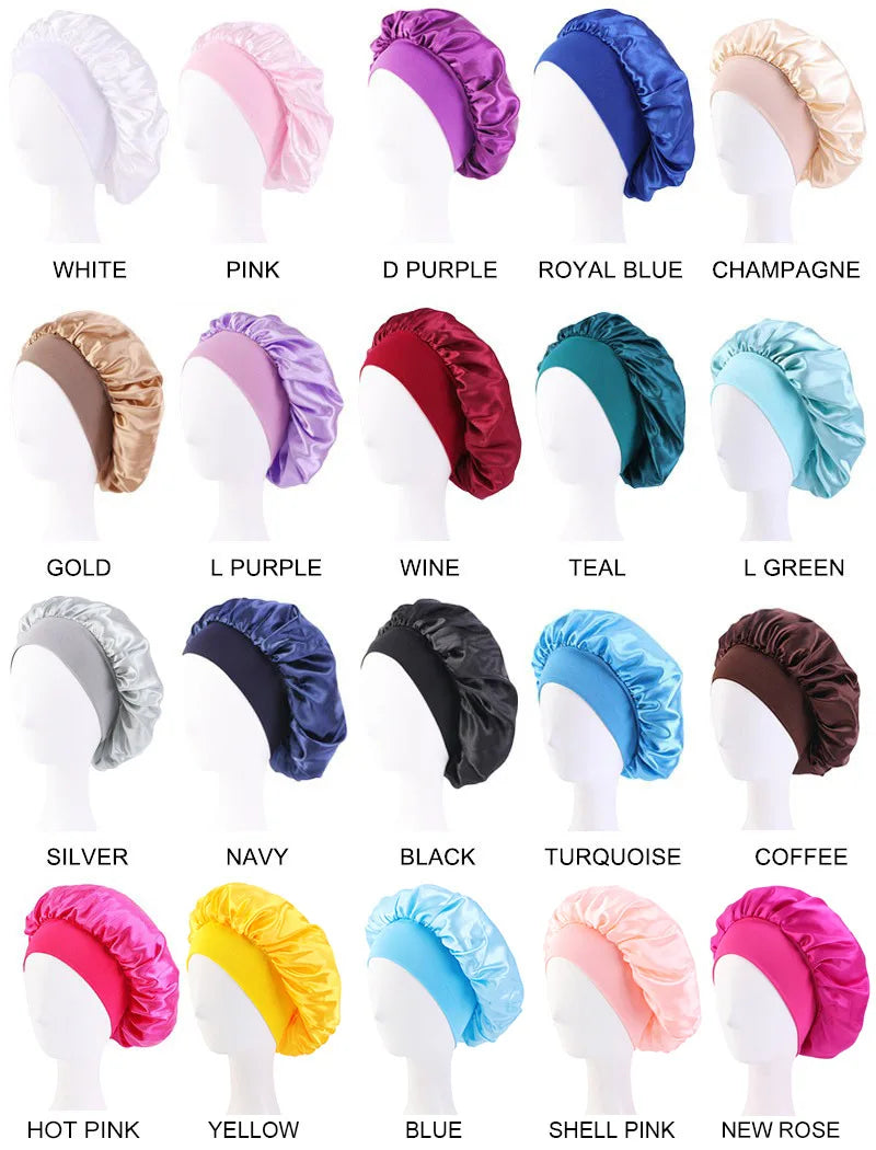 New Satin Wide Brim Nightcap Silky Bonnet Hair Wrap for Sleeping Sleep Cap With Elastic Soft Band Styling Cap Hair Wrapping Tool - Artigo Importado