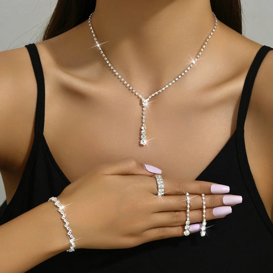 5Pcs Silver Prom Jewelry Set for Women Minimalist Rings Necklace Earrings Bracelet Set Wedding Party Dress Accessories Gifts - Artigo Importado
