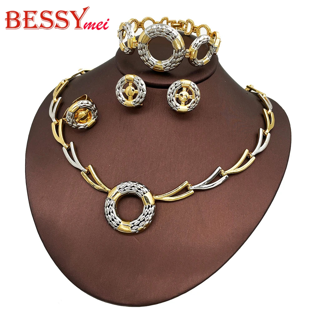 Italian Jewelry Set Fashion Minimalist Classic Design Two Tone Necklaces, Earrings Bracelet And Ring Weeding Party Gift - Artigo Importado