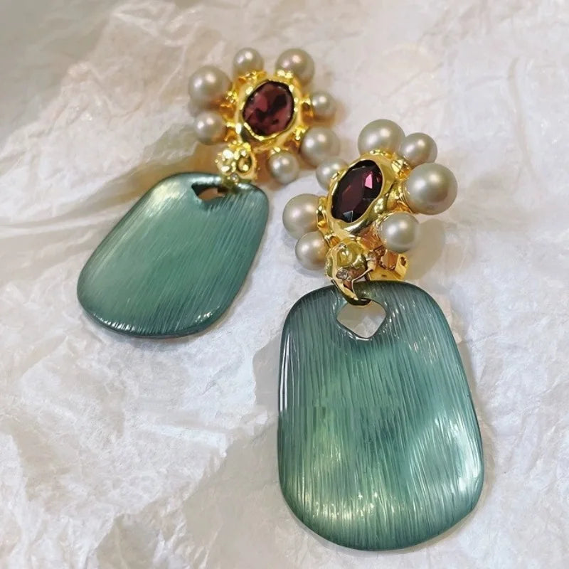 Statement Earrings Fashion Baroque Style Green White Crystal Resin Geometric Big Earrings For Women - Artigo Importado