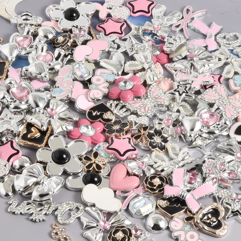 10/20/30/50pcs Random Mix Silver Color Heart Bow Star Charms For Junk Cases Flower Pink Girl Pendant DIY Hairpin Phone Case Bulk - Artigo Importado