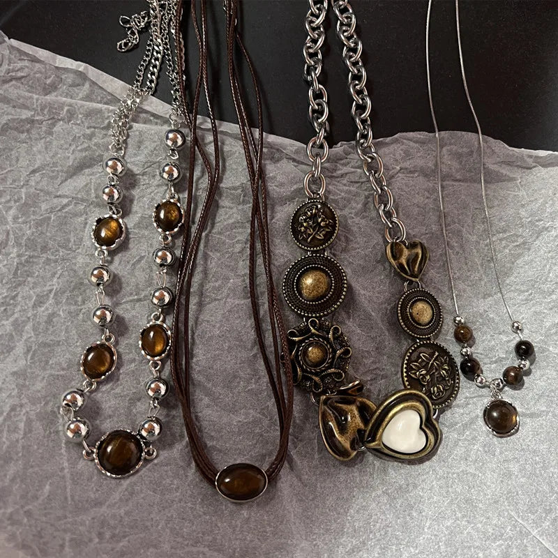 Vintage Leather Brown Stone Pendant Necklace Stacking Choker Temperament Clavicle Chain for Women Girl Autumn Winter Necklace - Artigo Importado
