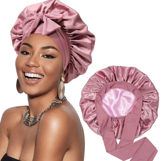 New Satin Double Layer Bonnet Solid Wide Tie Band Stretch Head Silky Bonnet Edge Wrap Nightcap Hair Care Shower Bonnet for Women - Artigo Importado