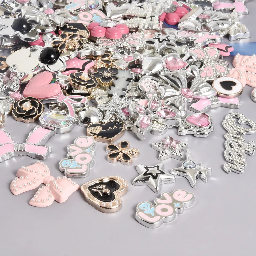 10/20/30/50pcs Random Mix Silver Color Heart Bow Star Charms For Junk Cases Flower Pink Girl Pendant DIY Hairpin Phone Case Bulk - Artigo Importado
