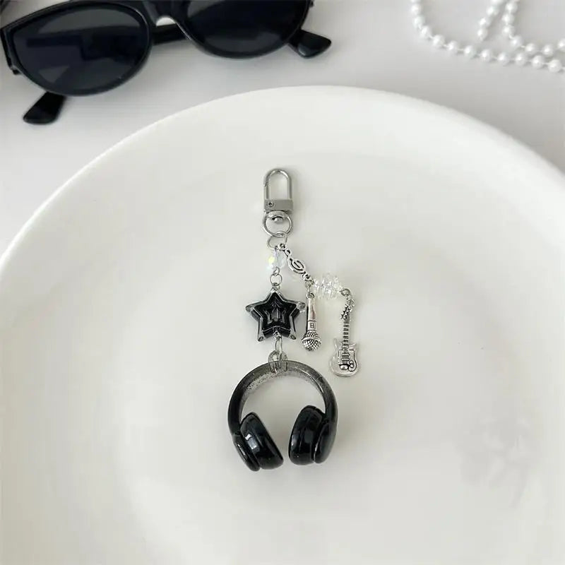 Glitter Earphone-shaped Keychain Cute Star Guitar Microphone Pendant Phone Chain Lanyard Girly Backpack Charms Bag Hanging Gifts - Artigo Importado