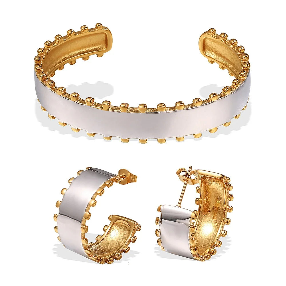 Minimalist Stainless Steel Jewelry Set Two-tones Open Bracelet Hoop Earrings Titanium Steel Statement Chunky Accessories Jewelry - Artigo Importado