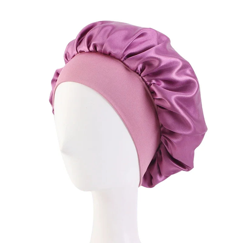 New Satin Wide Brim Nightcap Silky Bonnet Hair Wrap for Sleeping Sleep Cap With Elastic Soft Band Styling Cap Hair Wrapping Tool - Artigo Importado