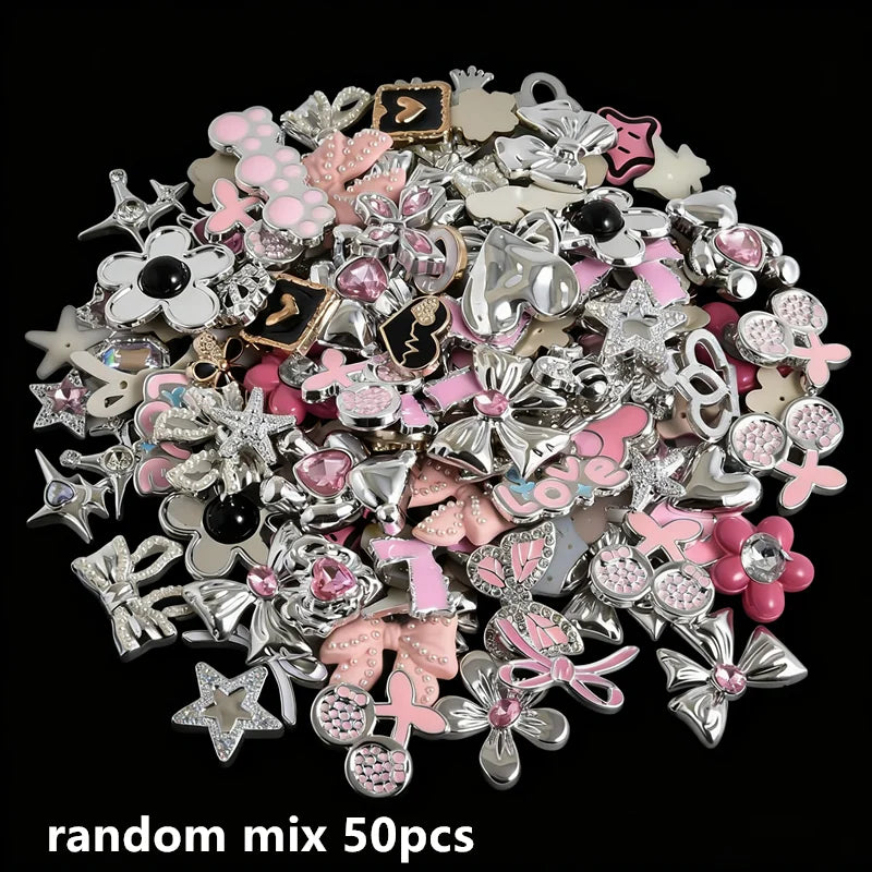 10/20/30/50pcs Random Mix Silver Color Heart Bow Star Charms For Junk Cases Flower Pink Girl Pendant DIY Hairpin Phone Case Bulk - Artigo Importado