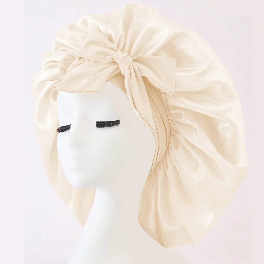 Satin Silk Hair Bonnet Adjustable Tie Band Wide-brimmed Night Sleeping Bathing Hat Bonnet for Women Unisex Protective Headwear - Artigo Importado
