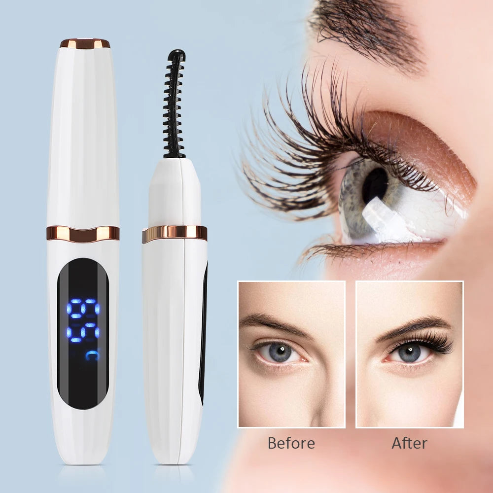 Heated Eyelash Curler Pen with Comb Electric Digital yelash Curling Device Rechargeable Beauty Makeup Tool 3 Temperature Modes - Artigo Importado