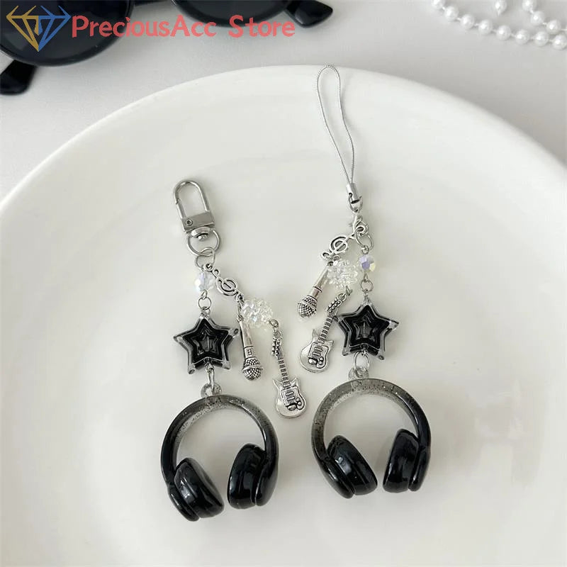 Glitter Earphone-shaped Keychain Cute Star Guitar Microphone Pendant Phone Chain Lanyard Girly Backpack Charms Bag Hanging Gifts - Artigo Importado