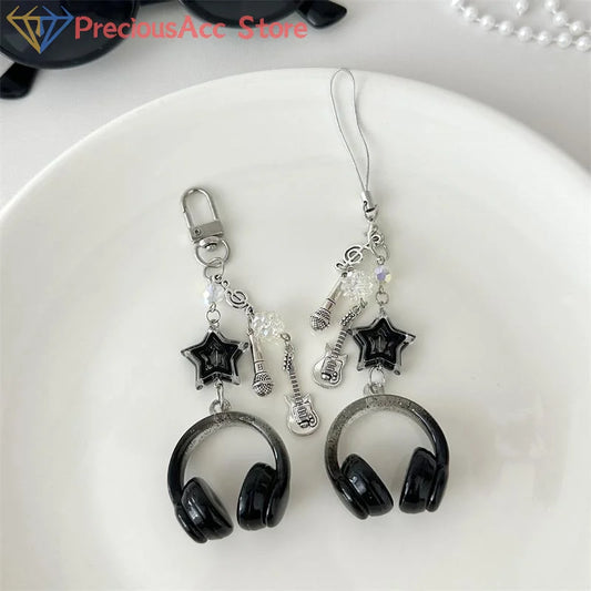 Glitter Earphone-shaped Keychain Cute Star Guitar Microphone Pendant Phone Chain Lanyard Girly Backpack Charms Bag Hanging Gifts - Artigo Importado