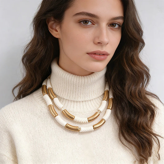 Modern Two-Tone Layered Necklace Statement Accessory Ideal For Brunch Date Stylish Outfits To Add Bold Charm With Mixed Texture - Artigo Importado