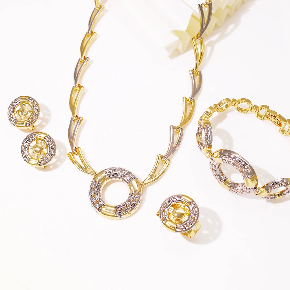 Italian Jewelry Set Fashion Minimalist Classic Design Two Tone Necklaces, Earrings Bracelet And Ring Weeding Party Gift - Artigo Importado
