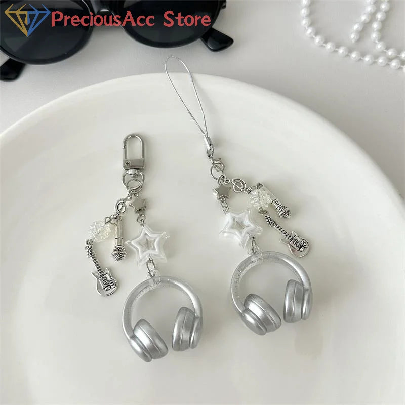 Glitter Earphone-shaped Keychain Cute Star Guitar Microphone Pendant Phone Chain Lanyard Girly Backpack Charms Bag Hanging Gifts - Artigo Importado