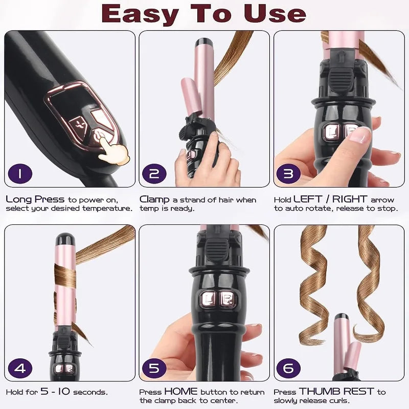Automatic Hair Curler 1.1inches Rotating Curling Iron with LED Display Fast Heating Curling Wand Hair Curler for Home&Travel Use - Artigo Importado