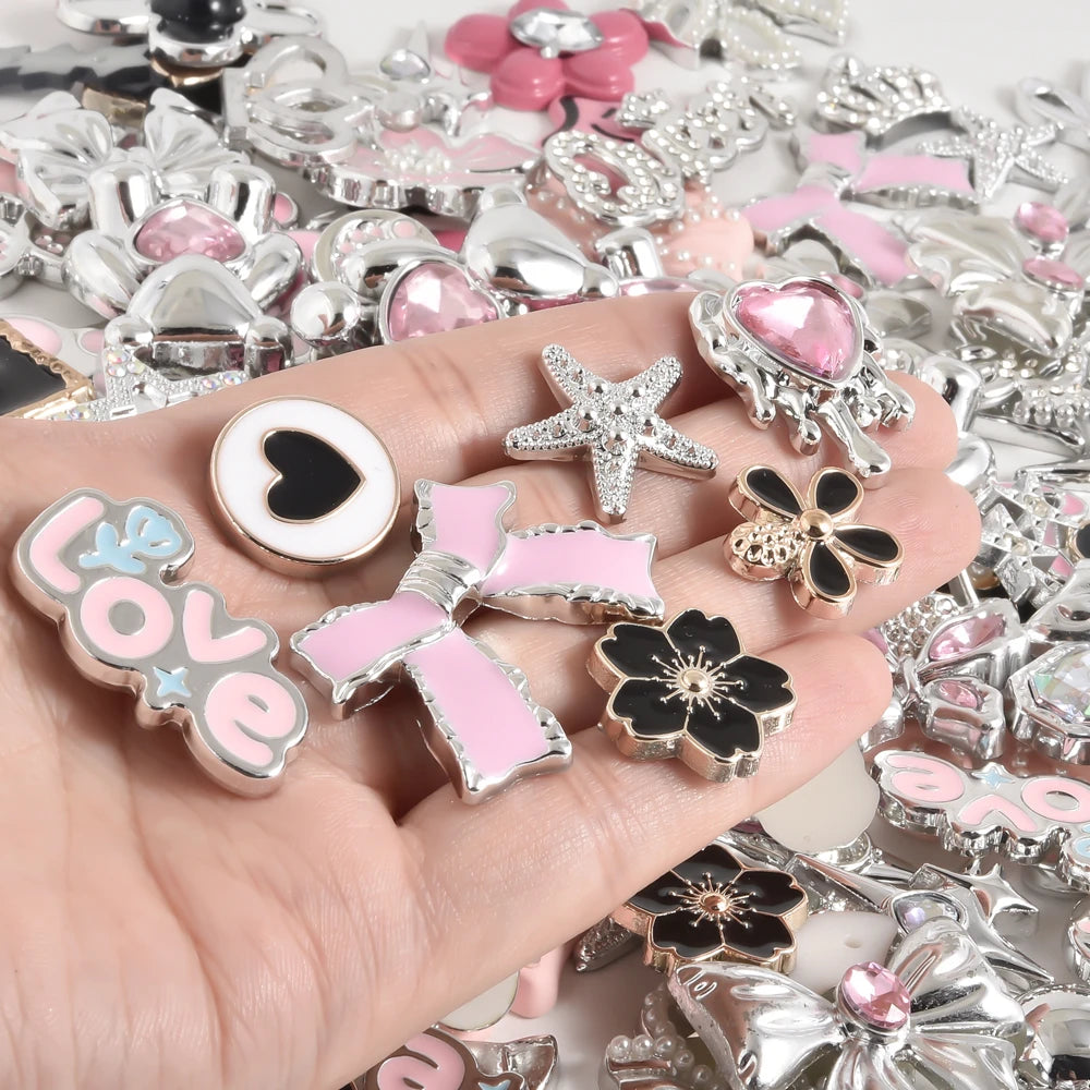 10/20/30/50pcs Random Mix Silver Color Heart Bow Star Charms For Junk Cases Flower Pink Girl Pendant DIY Hairpin Phone Case Bulk - Artigo Importado