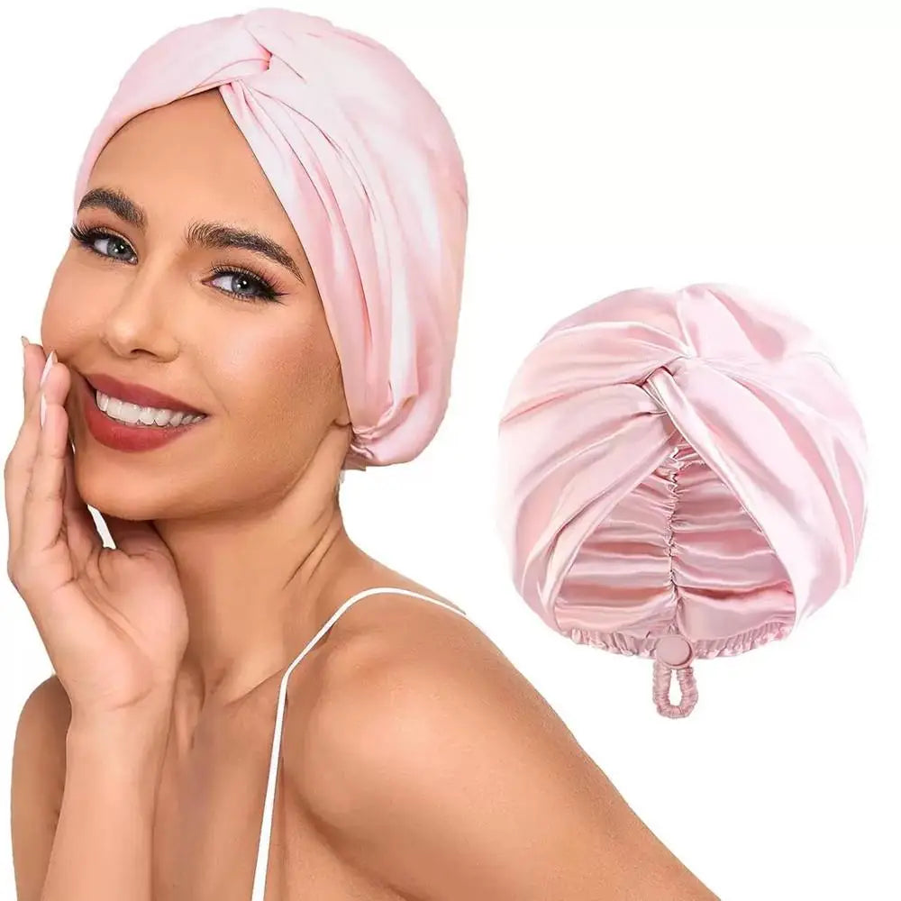 Pure Silk Turban Bonnets For Women Satin Sleeping Bonnet Hat Double Layer Twisted Hair Wrap Adjustable Silk Headwrap Hair Bonnet - Artigo Importado