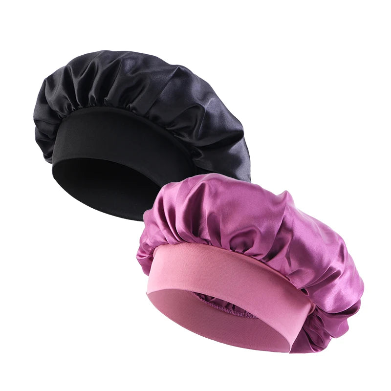 New Satin Wide Brim Nightcap Silky Bonnet Hair Wrap for Sleeping Sleep Cap With Elastic Soft Band Styling Cap Hair Wrapping Tool - Artigo Importado