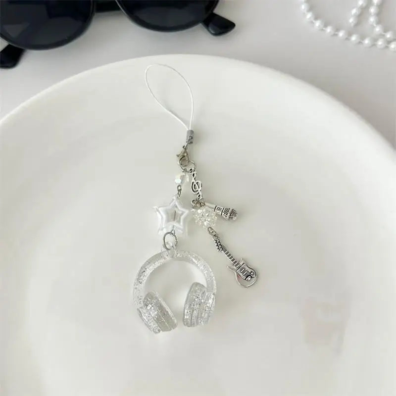 Glitter Earphone-shaped Keychain Cute Star Guitar Microphone Pendant Phone Chain Lanyard Girly Backpack Charms Bag Hanging Gifts - Artigo Importado