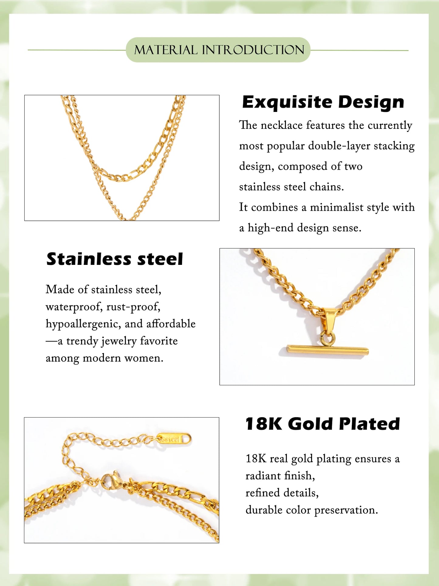 Layered Necklace for Women Minimalist Stackable - 18K Gold Plated Stainless Steel Hypoallergenic Elegant Double Chain Jewelry - Artigo Importado