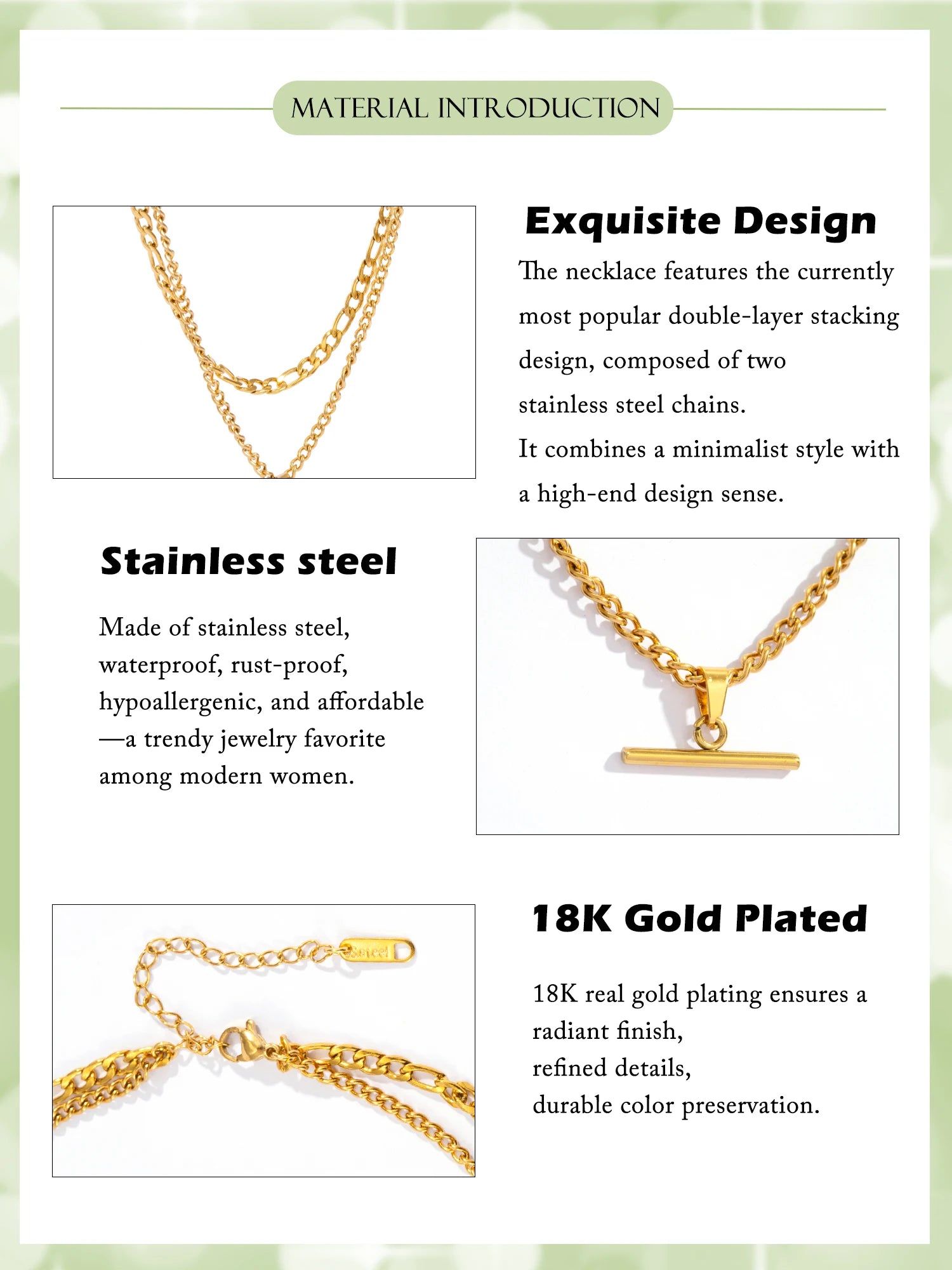 Layered Necklace for Women Minimalist Stackable - 18K Gold Plated Stainless Steel Hypoallergenic Elegant Double Chain Jewelry - Artigo Importado