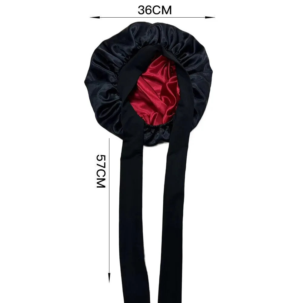 New Satin Double Layer Bonnet Solid Wide Tie Band Stretch Head Silky Bonnet Edge Wrap Nightcap Hair Care Shower Bonnet for Women - Artigo Importado