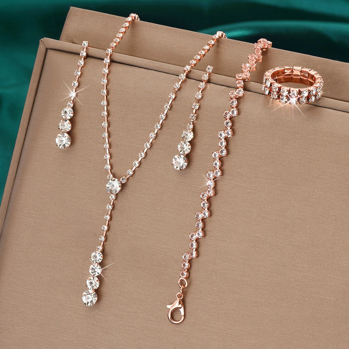 5Pcs Silver Prom Jewelry Set for Women Minimalist Rings Necklace Earrings Bracelet Set Wedding Party Dress Accessories Gifts - Artigo Importado