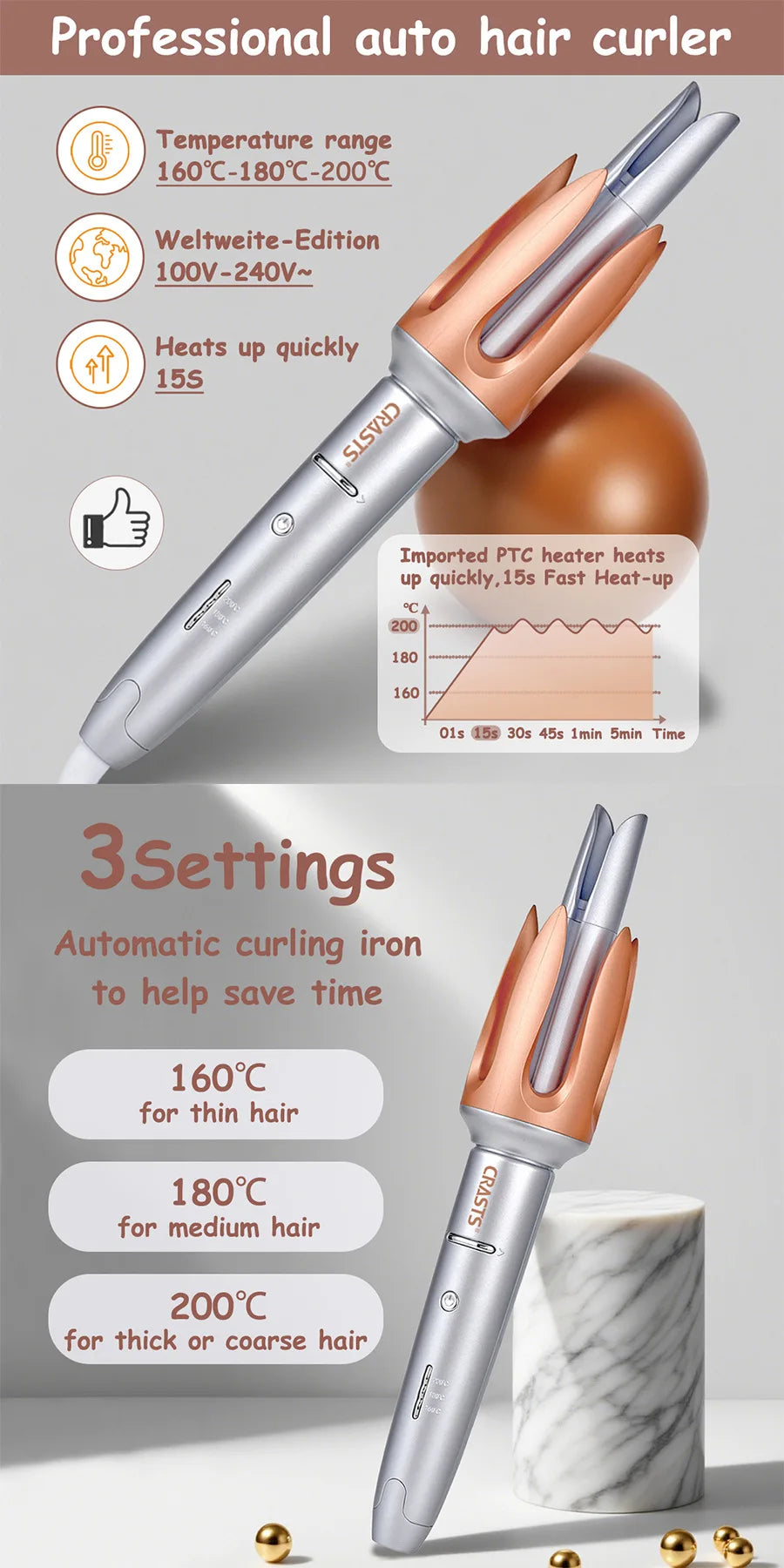 Automatic curling iron with large waves for long-lasting styling without damaging hair. Curling artifact - Artigo Importado