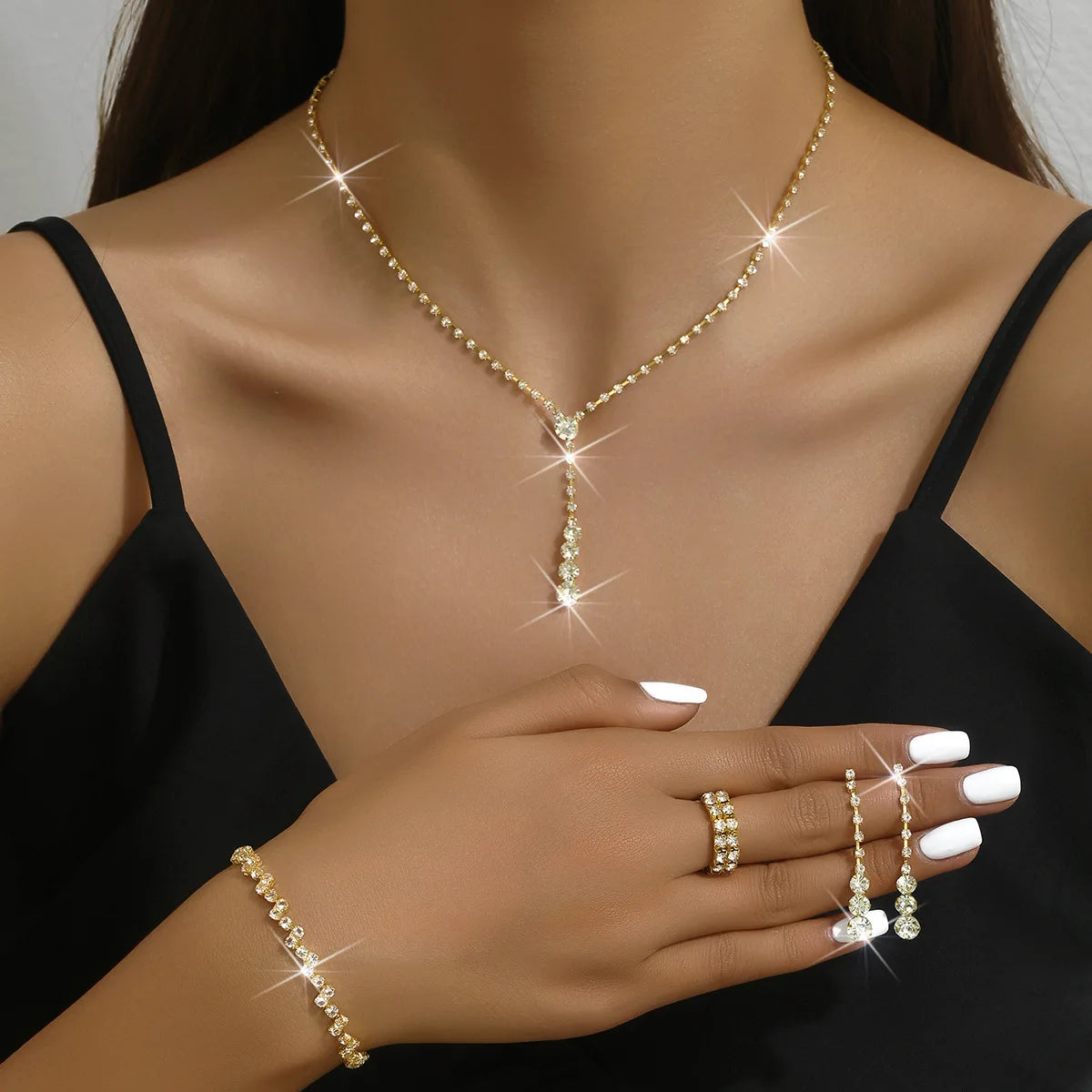 5Pcs Silver Prom Jewelry Set for Women Minimalist Rings Necklace Earrings Bracelet Set Wedding Party Dress Accessories Gifts - Artigo Importado