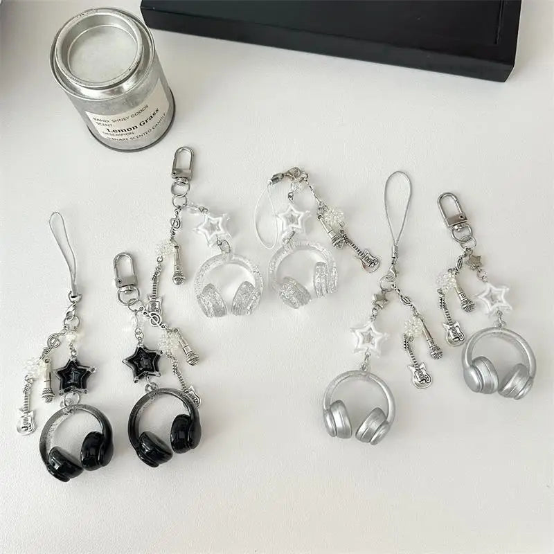 Glitter Earphone-shaped Keychain Cute Star Guitar Microphone Pendant Phone Chain Lanyard Girly Backpack Charms Bag Hanging Gifts - Artigo Importado