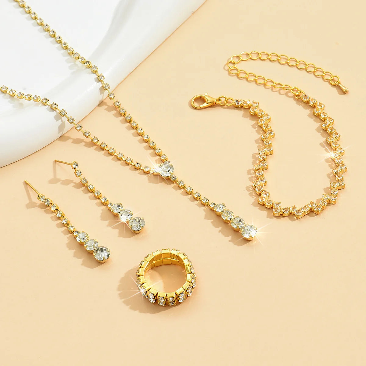 5Pcs Silver Prom Jewelry Set for Women Minimalist Rings Necklace Earrings Bracelet Set Wedding Party Dress Accessories Gifts - Artigo Importado