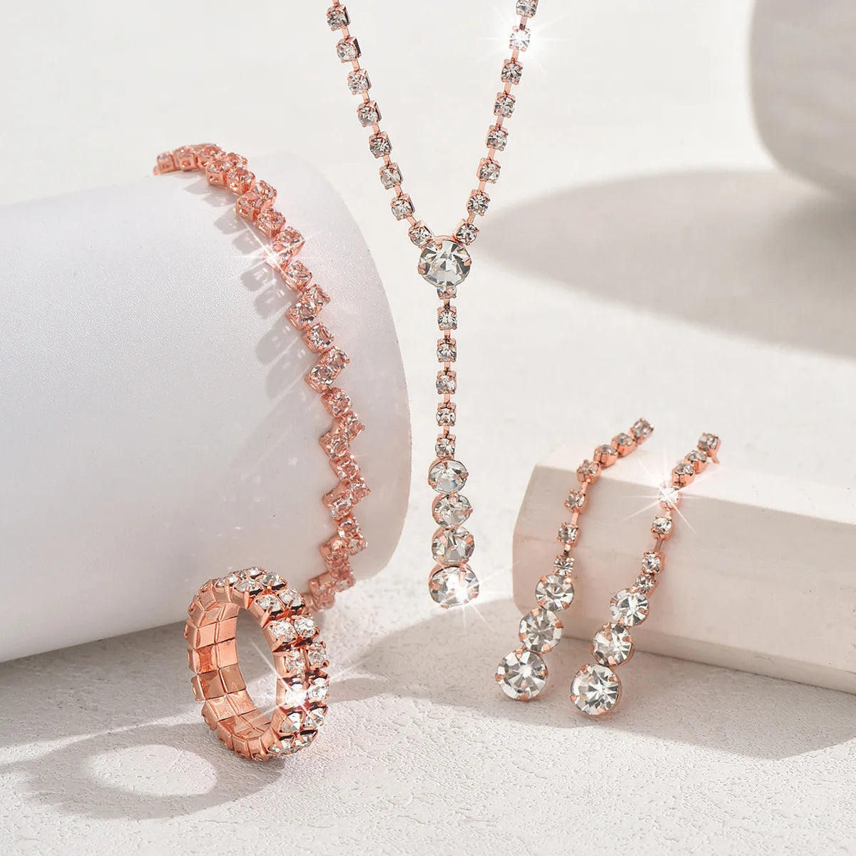 5Pcs Silver Prom Jewelry Set for Women Minimalist Rings Necklace Earrings Bracelet Set Wedding Party Dress Accessories Gifts - Artigo Importado