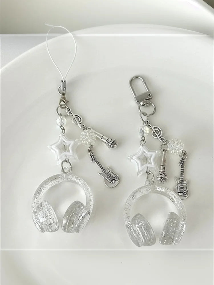 Glitter Earphone-shaped Keychain Cute Star Guitar Microphone Pendant Phone Chain Lanyard Girly Backpack Charms Bag Hanging Gifts - Artigo Importado