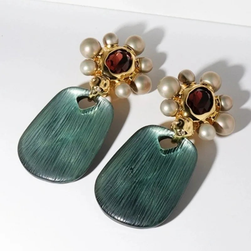 Statement Earrings Fashion Baroque Style Green White Crystal Resin Geometric Big Earrings For Women - Artigo Importado