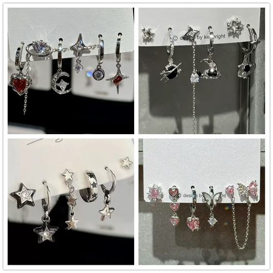 6PCS Set Goth Red Crystal Star Heart Black Pentagram Pendant Earring For Women Vintage Aesthetic Trendy Y2K Jewelry Accessories - Artigo Importado