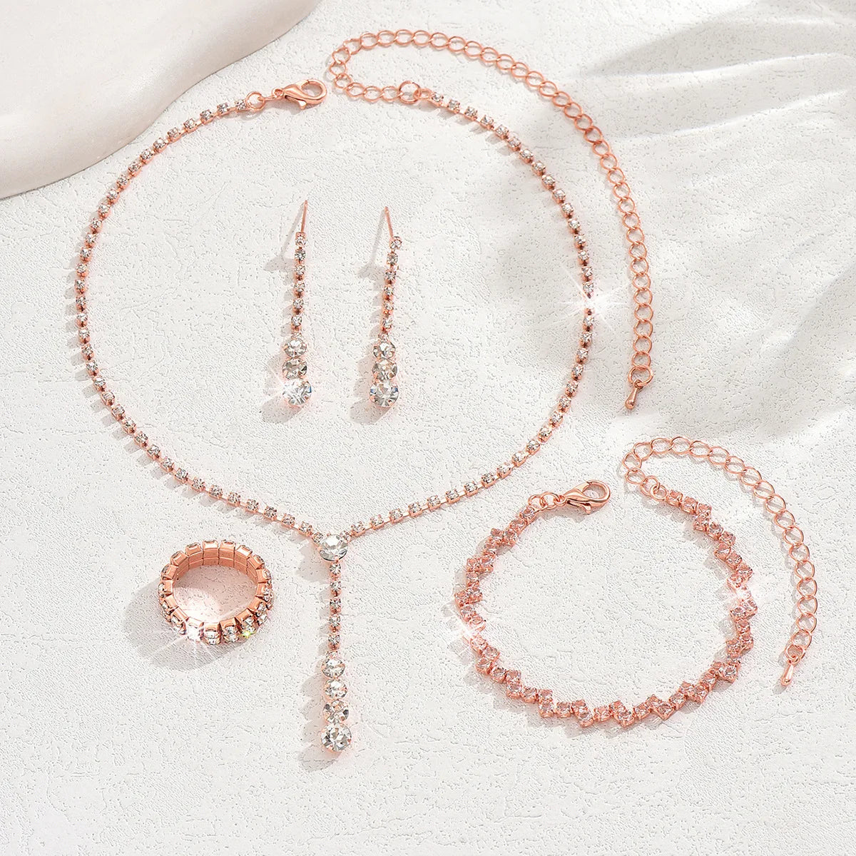 5Pcs Silver Prom Jewelry Set for Women Minimalist Rings Necklace Earrings Bracelet Set Wedding Party Dress Accessories Gifts - Artigo Importado