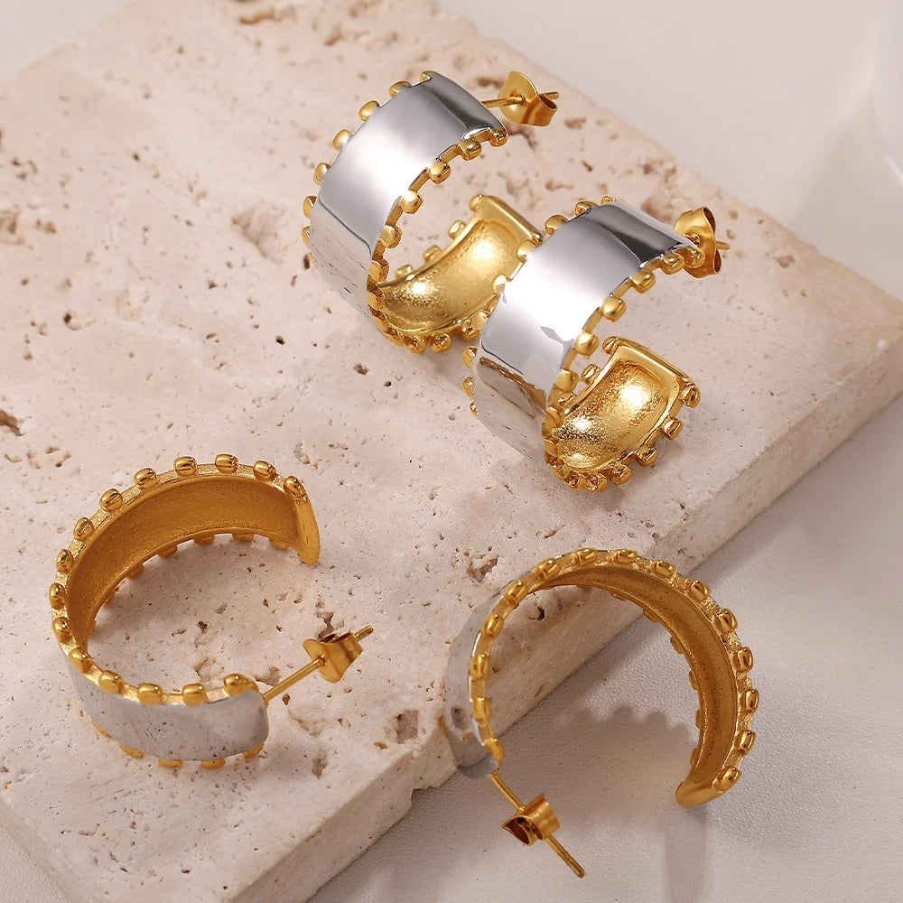 Minimalist Stainless Steel Jewelry Set Two-tones Open Bracelet Hoop Earrings Titanium Steel Statement Chunky Accessories Jewelry - Artigo Importado