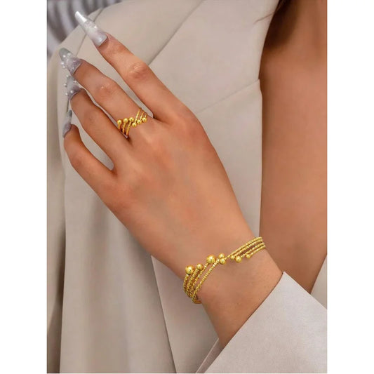 1/2pcs Minimalist Stainless Steel Geometric Line Gold Bracelet & Ring Jewelry Set, Versatile For Daily Wear And Party - Artigo Importado
