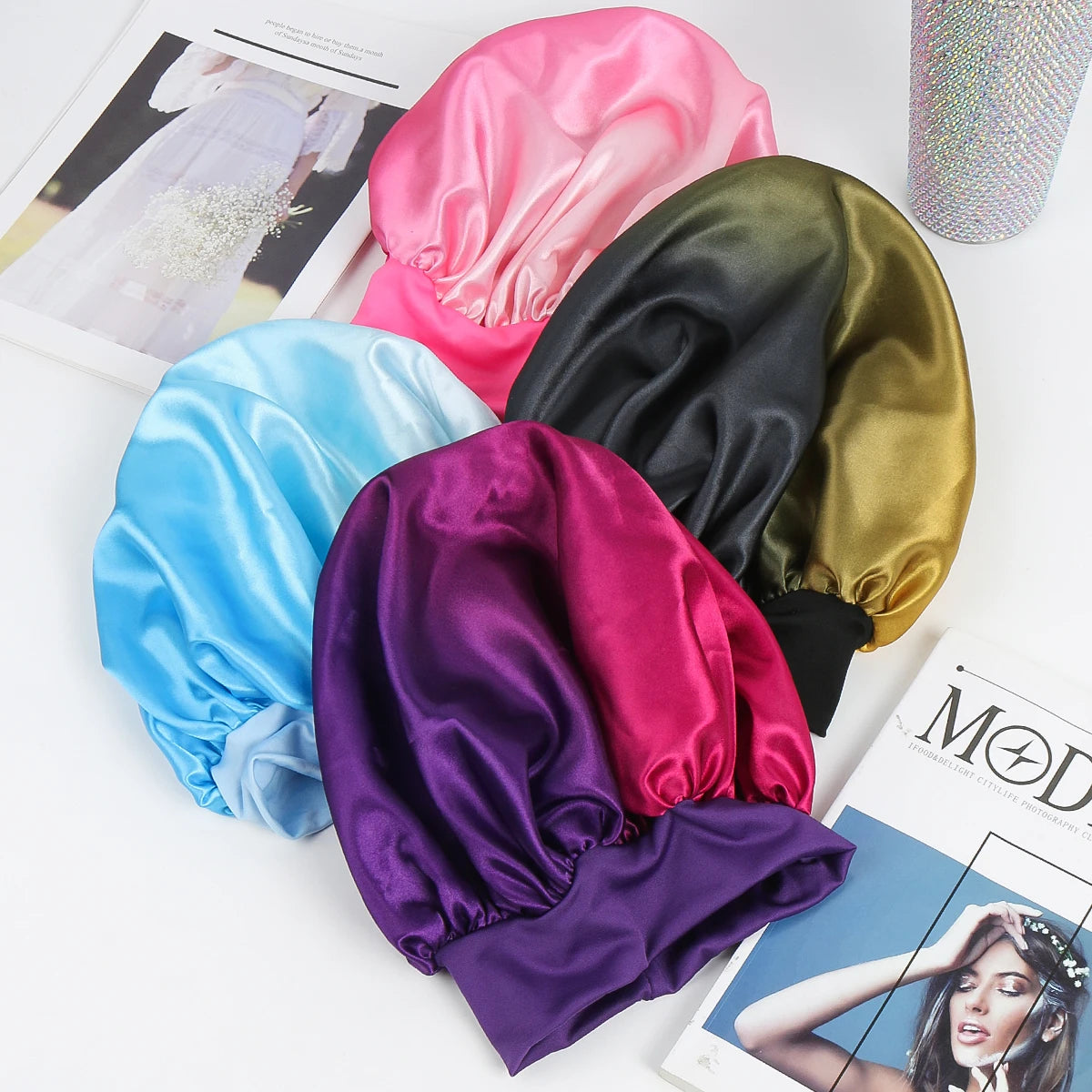 Satin Silk Bonnet Cap with Frontal Wrap, Wide Band, Colorful Fade Printing, Soft Nightcaps, Hair Protect Sleep, Extra Big Size - Artigo Importado