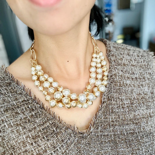 Layered Pearl Necklace for Women, Stackable Layers Jewelry with Statement Magnetic Brass Clasp - Artigo Importado